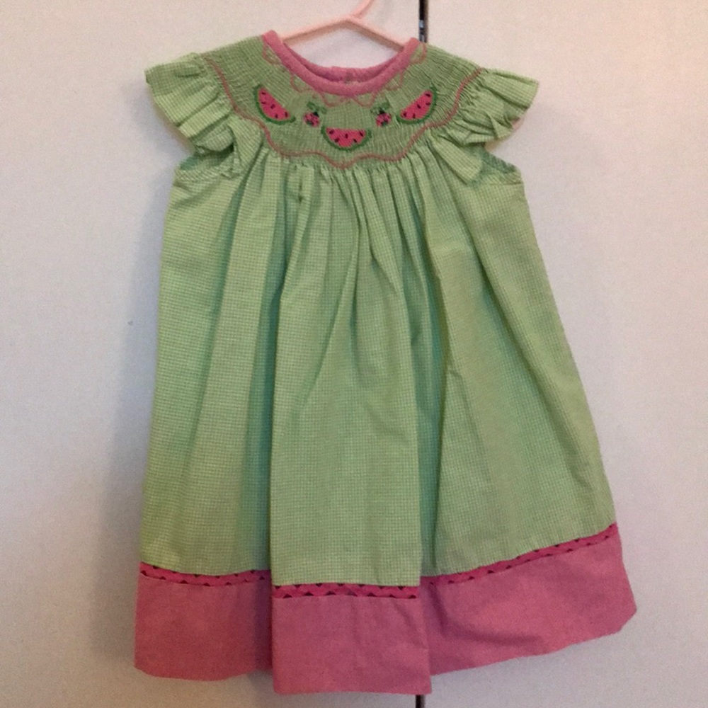 Shrimp and Grits Smocked Watermelon Dress, 12 Mos